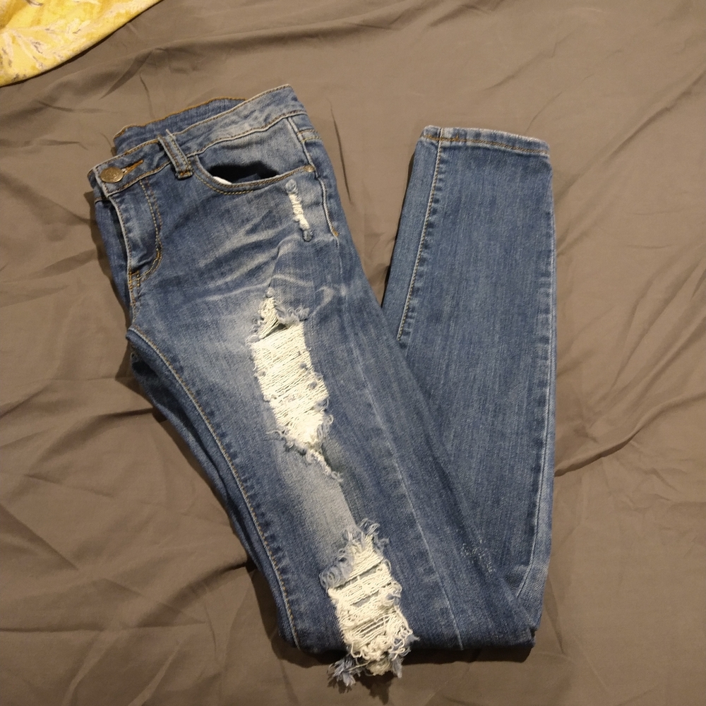 Machine Distressed Style Denim Jeans